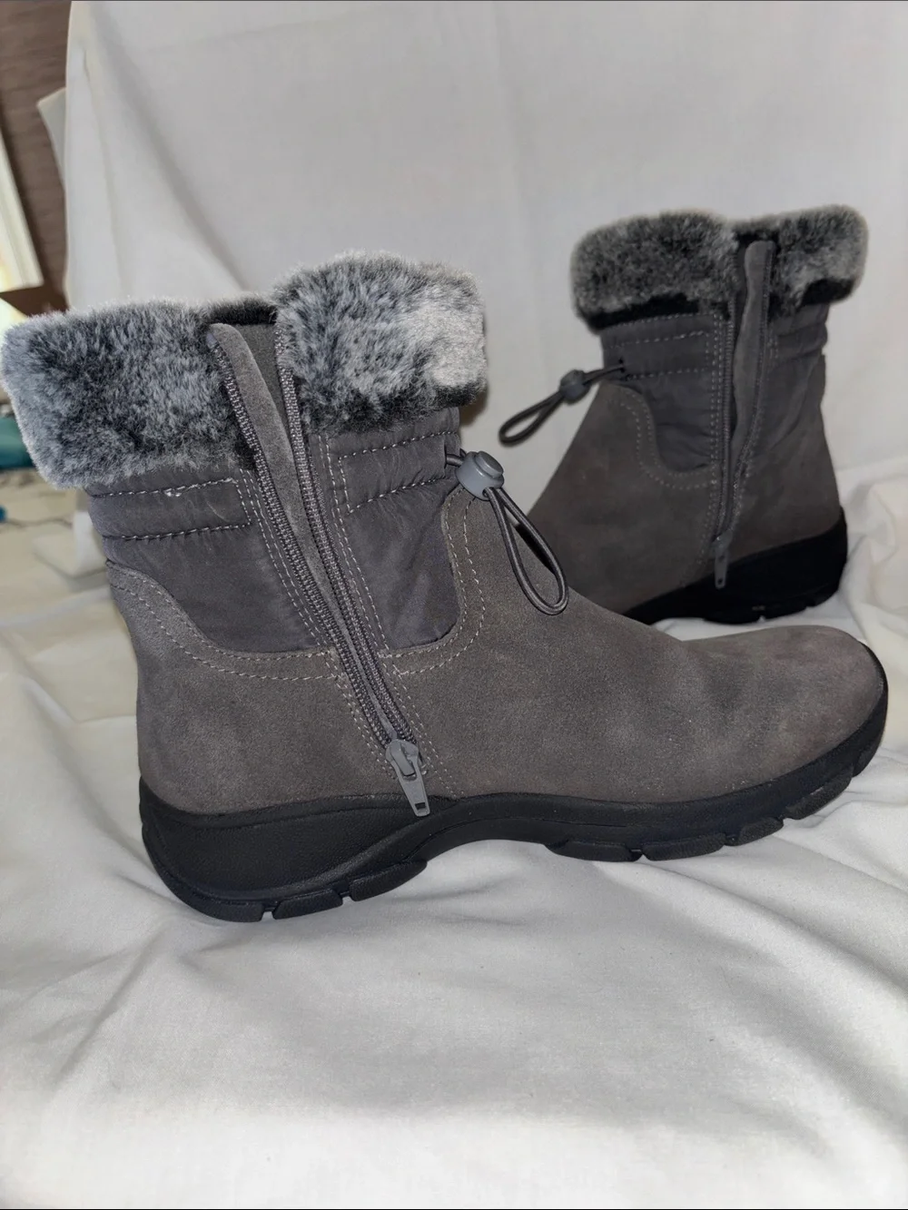 Lands' End Women's Gray Suede Faux-Fur Cuff Ankle Snow Boots